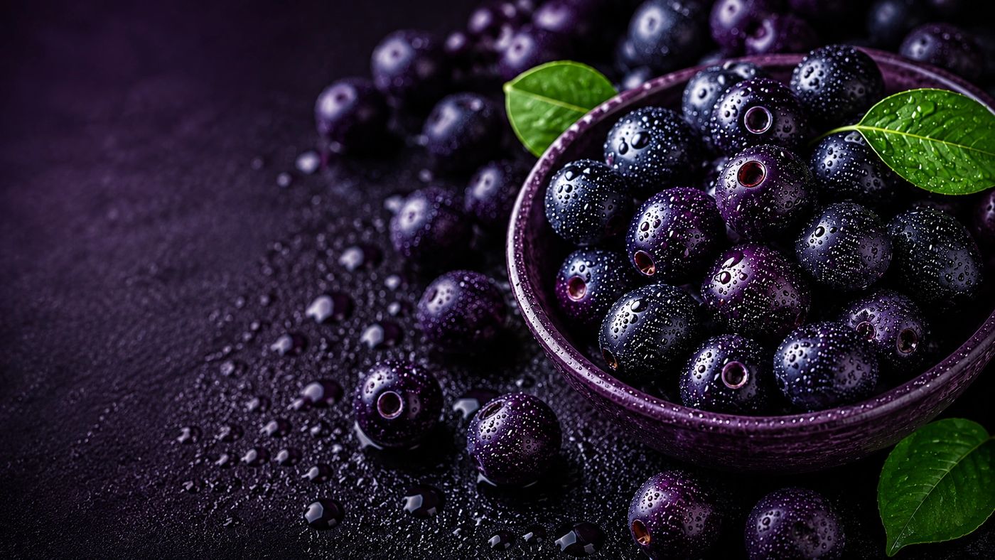 A bowl of freshly washed jamun, beaded with water, on a dark surface with jamun leaves.