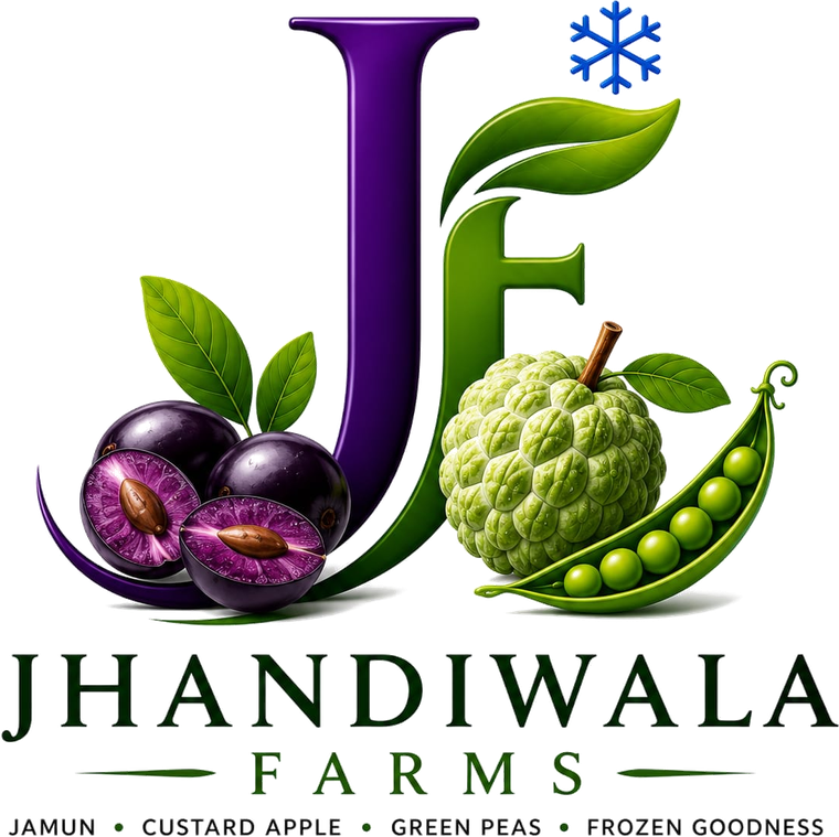The Jhandiwala Farms logo: a J and F monogram with jamun, custard apple and green peas.