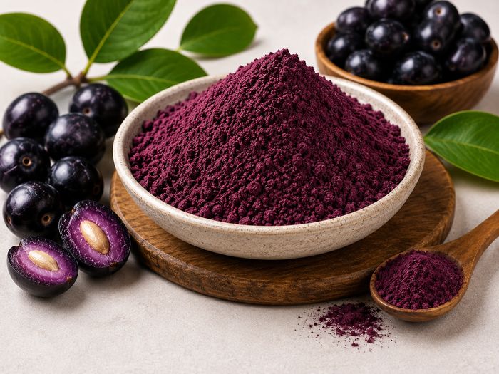 Fine purple jamun powder in a bowl with whole jamun beside it.