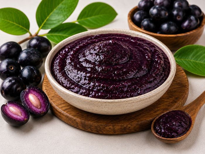 Deep purple jamun pulp in a bowl beside whole and halved jamun.
