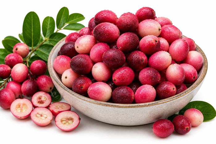 Whole karonda berries in a wooden bowl.