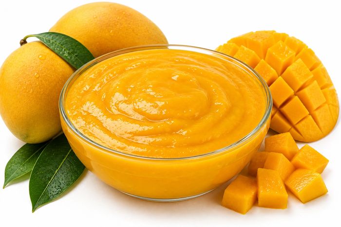 Golden mango pulp in a bowl beside a whole mango.