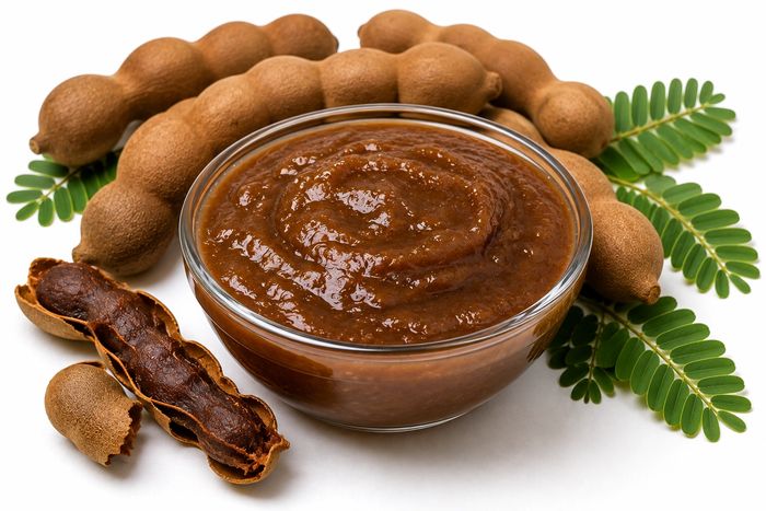 Tamarind pods beside a bowl of dark tamarind pulp.